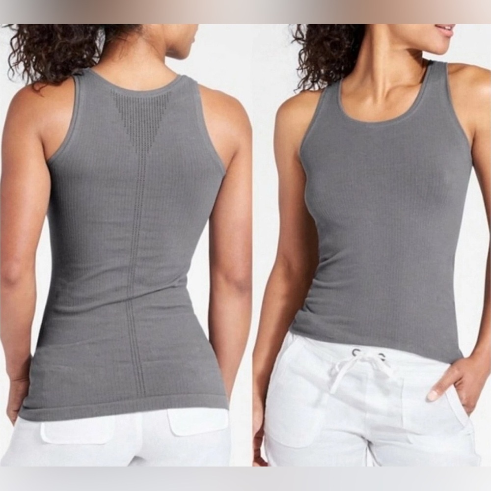 Athleta Sz L Pura Tank Top Ribbed Organic Cotton light Gray Seamless Fitted
